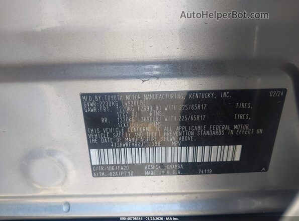 4T3RWRFV8RU133398 2024 TOYOTA RAV4 HYBRID Silver Շարժիչի բաժամունքի տեսք