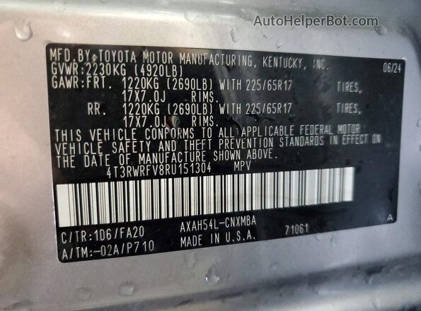4T3RWRFV8RU151304 2024 TOYOTA RAV4 Серебряный Вид наклейки с VIN-кодом