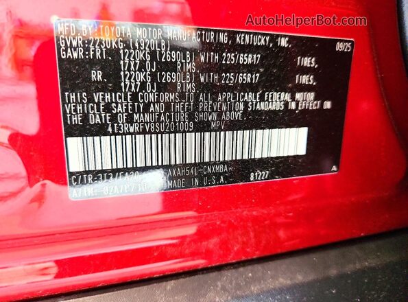 4T3RWRFV8SU201009 2025 TOYOTA RAV4 Red VIN sticker view