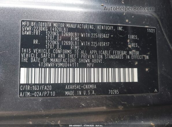 4T3RWRFV9MU044111 2021 TOYOTA RAV4 HYBRID Gray Շարժիչի բաժամունքի տեսք