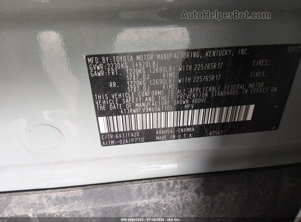 4T3RWRFV9NU061105 2022 TOYOTA RAV4 HYBRID Gray Вид підкапотного простору