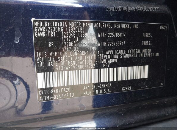 4T3RWRFV9NU074792 2022 TOYOTA RAV4 HYBRID Blue ძრავის განყოფილების ხედი
