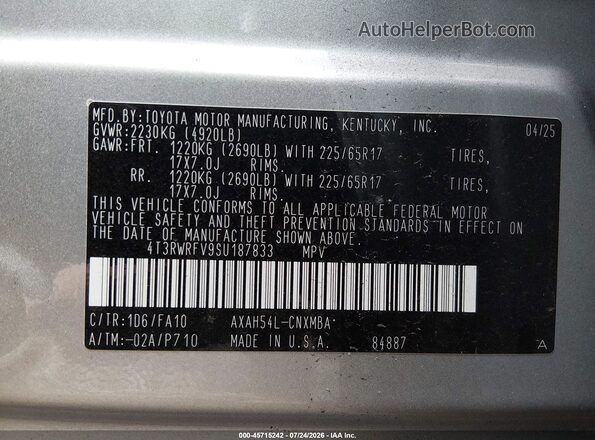 4T3RWRFV9SU187833 2025 TOYOTA RAV4 HYBRID Silver Engine compartment view