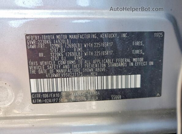 4T3RWRFV9SU211175 2025 TOYOTA RAV4 Silver Панорамний вид салону 360°