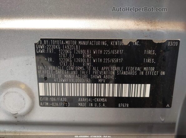 4T3RWRFVXLU003792 2020 TOYOTA RAV4 HYBRID Silver Вид підкапотного простору