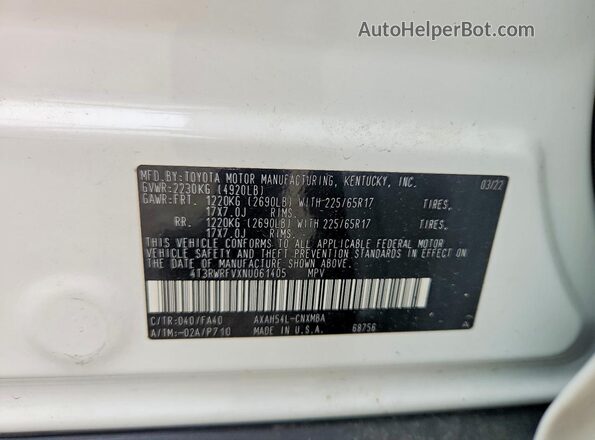 4T3RWRFVXNU061405 2022 TOYOTA RAV4 White Widok wnętrza 360 stopni