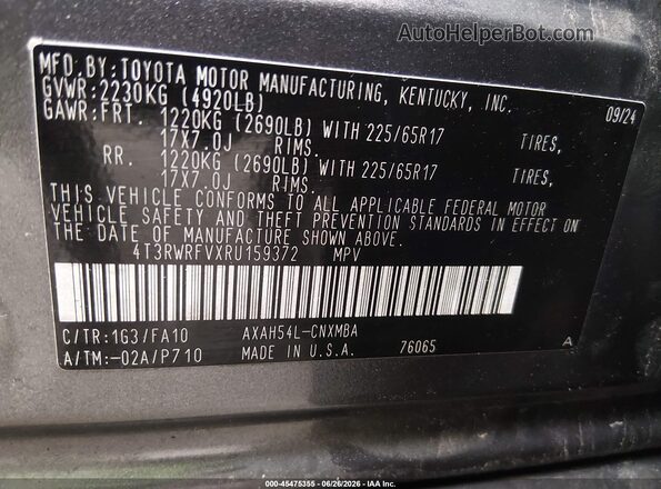 4T3RWRFVXRU159372 2024 TOYOTA RAV4 HYBRID Gray ძრავის განყოფილების ხედი