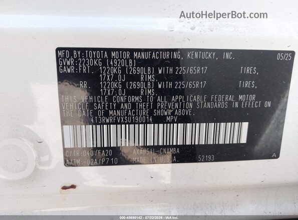 4T3RWRFVXSU190014 2025 TOYOTA RAV4 HYBRID White Вид підкапотного простору