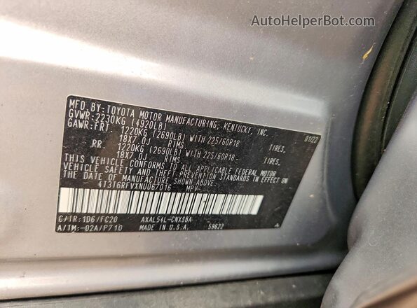 4T3T6RFVXNU067016 2022 TOYOTA RAV4 Silver VIN sticker view