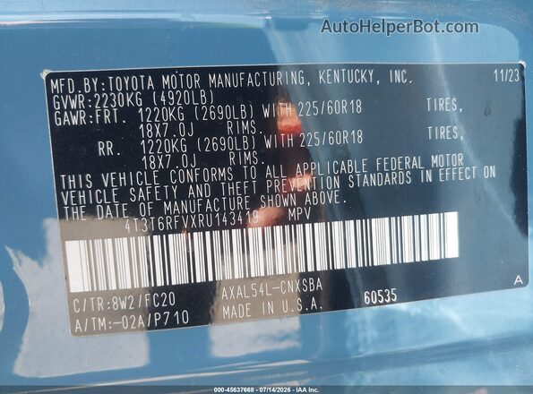 4T3T6RFVXRU143419 2024 TOYOTA RAV4 HYBRID Blue ძრავის განყოფილების ხედი