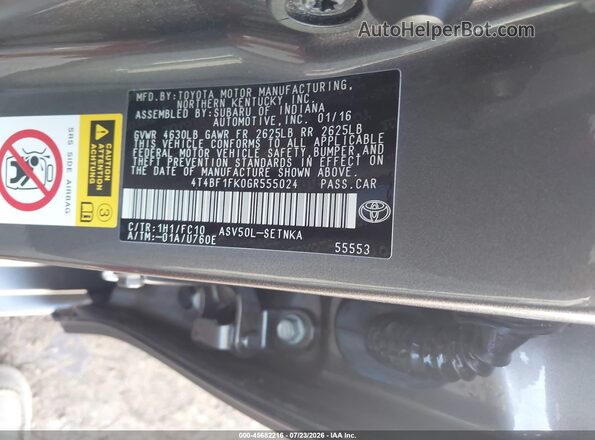 4T4BF1FK0GR555024 2016 TOYOTA CAMRY Gray Շարժիչի բաժամունքի տեսք