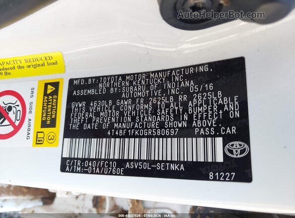 4T4BF1FK0GR580697 2016 TOYOTA CAMRY White Вид підкапотного простору