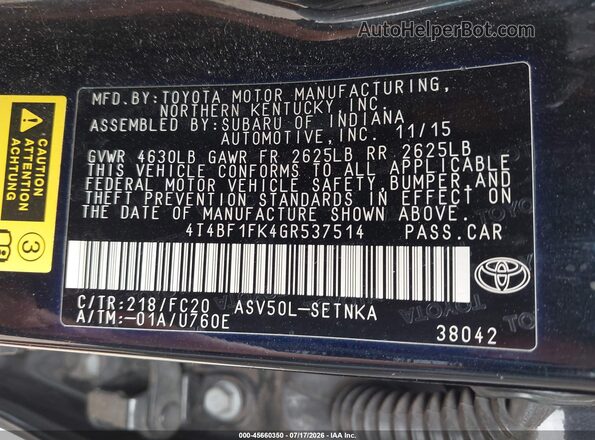 4T4BF1FK4GR537514 2016 TOYOTA CAMRY Черный Вид подкапотного пространства