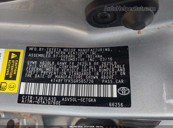 4T4BF1FK5GR565726 2016 TOYOTA CAMRY Silver Vista del compartimento del motor