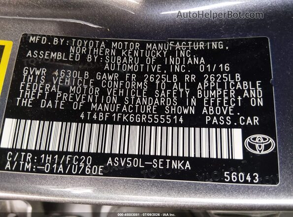 4T4BF1FK6GR555514 2016 TOYOTA CAMRY Gray Widok komory silnika