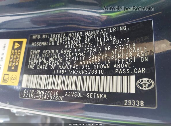 4T4BF1FK7GR528810 2016 TOYOTA CAMRY Blue Շարժիչի բաժամունքի տեսք