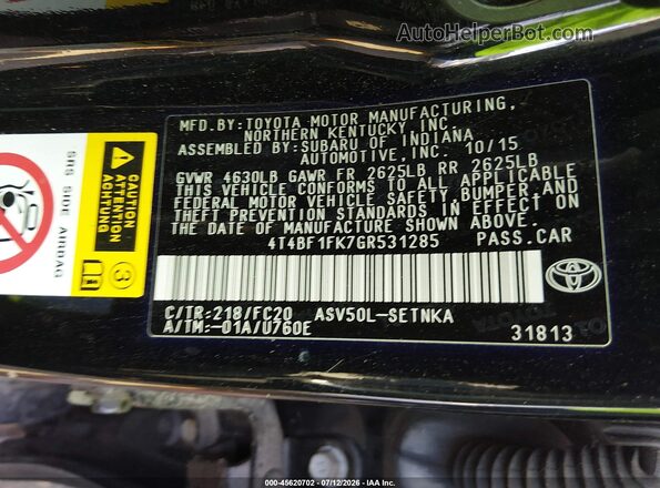 4T4BF1FK7GR531285 2016 TOYOTA CAMRY Black ძრავის განყოფილების ხედი