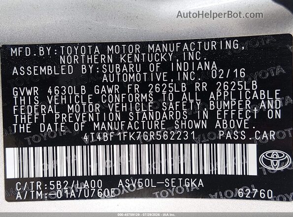 4T4BF1FK7GR562231 2016 TOYOTA CAMRY Золотой Вид подкапотного пространства