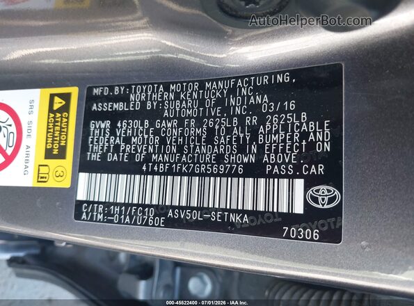 4T4BF1FK7GR569776 2016 TOYOTA CAMRY Gray Vista del compartimento del motor