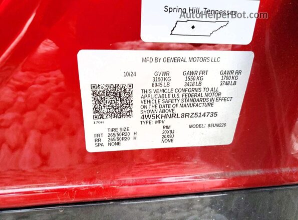 4W5KHNRL8RZ514735 2024 ACURA ZDX Red VIN կոդի պիտակի տեսք