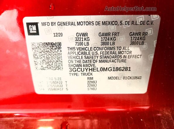 3GCUYHEL0MG186281 2021 CHEVROLET SILVERADO Red Widok naklejki z numerem VIN
