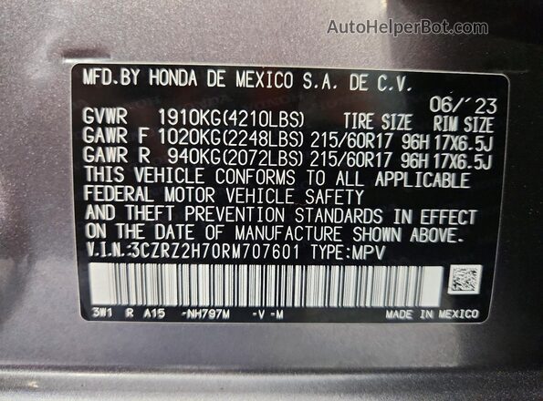 3CZRZ2H70RM707601 2024 HONDA HR-V Gray Вид наклейки з VIN-кодом