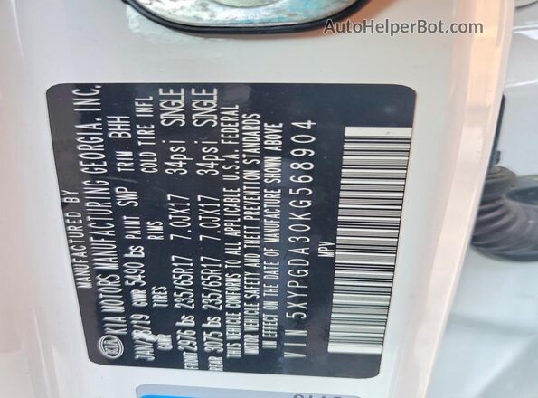 5XYPGDA30KG568904 2019 KIA SORENTO White Widok wnętrza 360 stopni