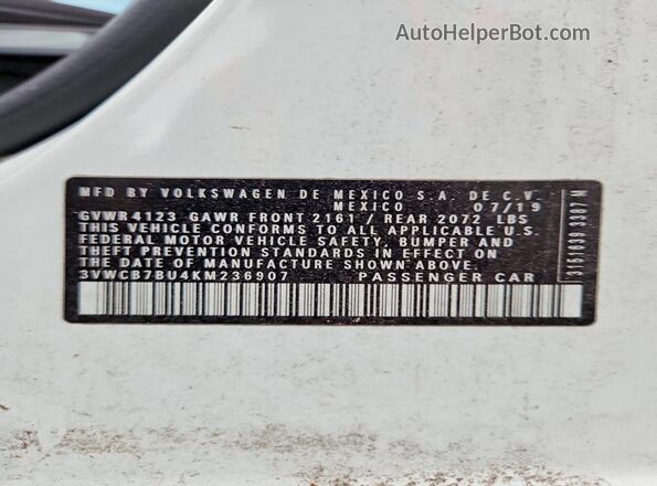 3VWCB7BU4KM236907 2019 VOLKSWAGEN JETTA White VIN կոդի պիտակի տեսք