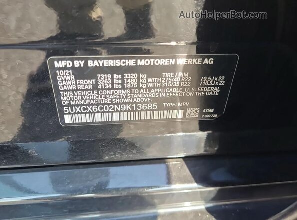 5UXCX6C02N9K13685 2022 BMW X7 Черный Вид задних сидений
