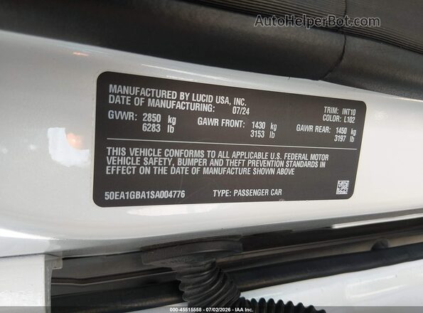 50EA1GBA1SA004776 2025 LUCID AIR White Vista del compartimento del motor