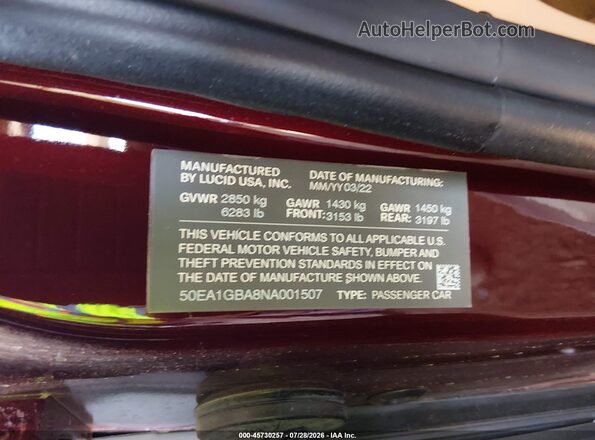 50EA1GBA8NA001507 2022 LUCID AIR Maroon Engine compartment view