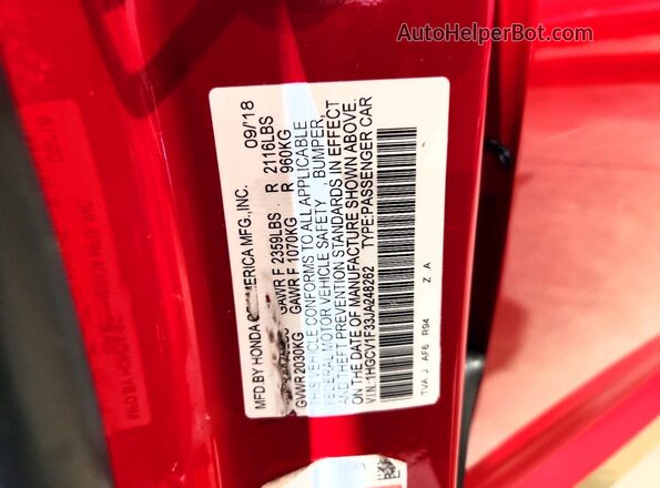 1HGCV1F33JA248262 2018 HONDA ACCORD Red VIN კოდის სტიკერის ხედი
