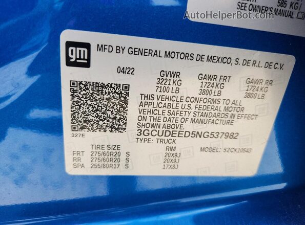 3GCUDEED5NG537982 2022 CHEVROLET SILVERADO Blue VIN კოდის სტიკერის ხედი