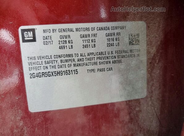 2G4GR5GX5H9163115 2017 BUICK REGAL Maroon VIN sticker view