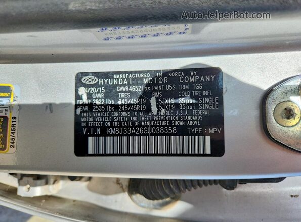 KM8J33A26GU038358 2016 HYUNDAI TUCSON Серебряный Панорамный вид салона 360°