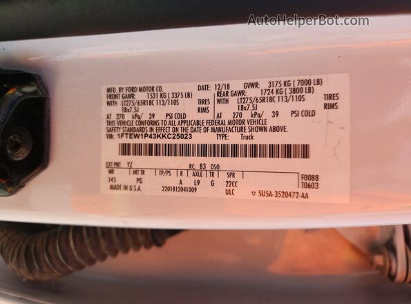 1FTEW1P43KKC25023 2019 FORD F150 White Вид наклейки з VIN-кодом