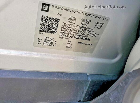 3GNAXHEV2KS624291 2019 CHEVROLET EQUINOX Silver Widok wnętrza 360 stopni