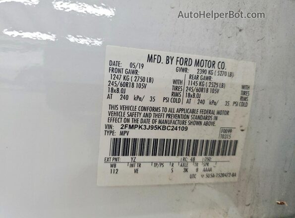 2FMPK3J95KBC24109 2019 FORD EDGE White Սալոնի 360 աստիճան տեսք
