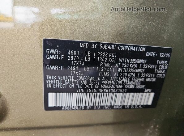 4S4SLDB66T3031521 2026 SUBARU FORESTER Green Панорамний вид салону 360°