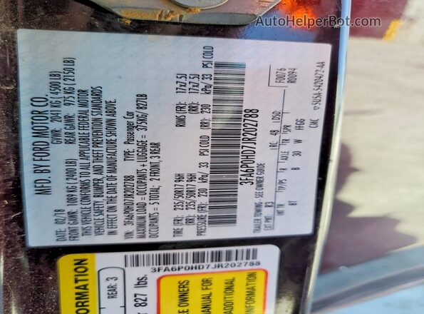 3FA6P0HD7JR202788 2018 FORD FUSION Maroon Widok naklejki z numerem VIN