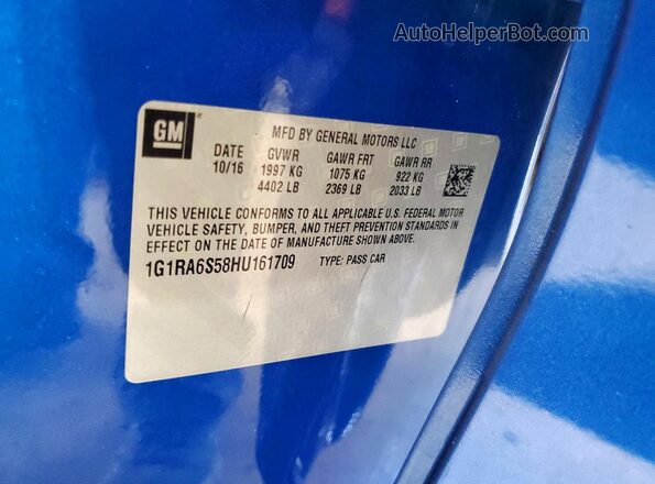 1G1RA6S58HU161709 2017 CHEVROLET VOLT Blue Vista de la etiqueta del VIN