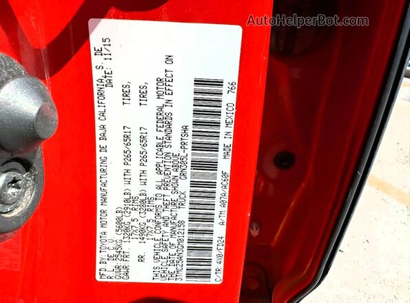 3TMCZ5AN3GM012158 2016 TOYOTA TACOMA Red Vista interior trasera