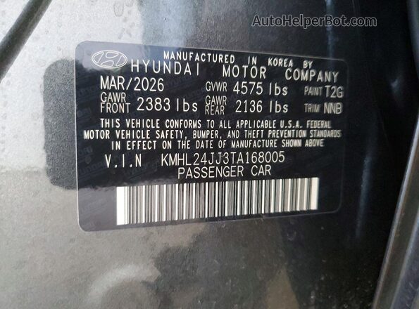 KMHL24JJ3TA168005 2026 HYUNDAI SONATA Charcoal Вид наклейки з VIN-кодом