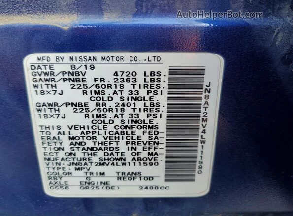 JN8AT2MV4LW111590 2020 NISSAN ROGUE Blue Vista de la etiqueta del VIN