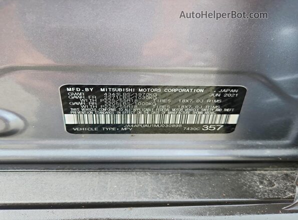 JA4APUAU1MU030898 2021 MITSUBISHI OUTLANDER Gray Widok naklejki z numerem VIN