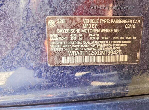 WBA8E1G5XGNT99425 2016 BMW 3 SERIES Blue Vista de la etiqueta del VIN