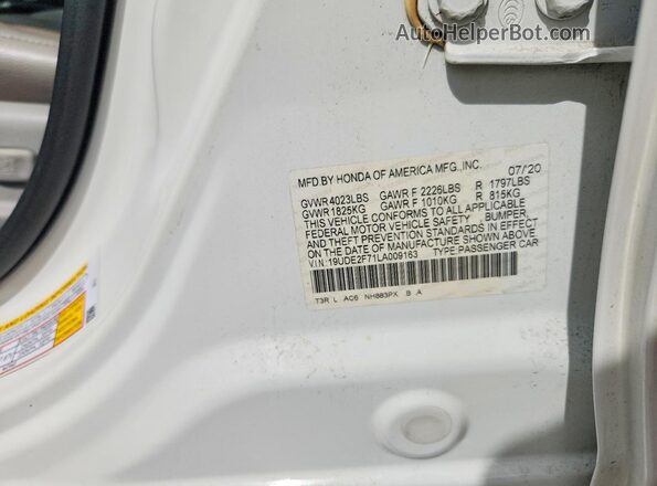 19UDE2F71LA009163 2020 ACURA ILX White VIN კოდის სტიკერის ხედი