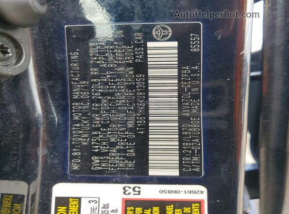 4T1B61HK6KU813059 2019 TOYOTA CAMRY Черный Вид наклейки с VIN-кодом