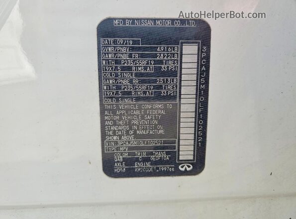 3PCAJ5M10LF102521 2020 INFINITI QX50 White Vista interior de 360 grados