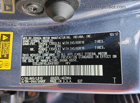 5TDJZRFH5JS491997 2018 TOYOTA HIGHLANDER Blue Սալոնի 360 աստիճան տեսք